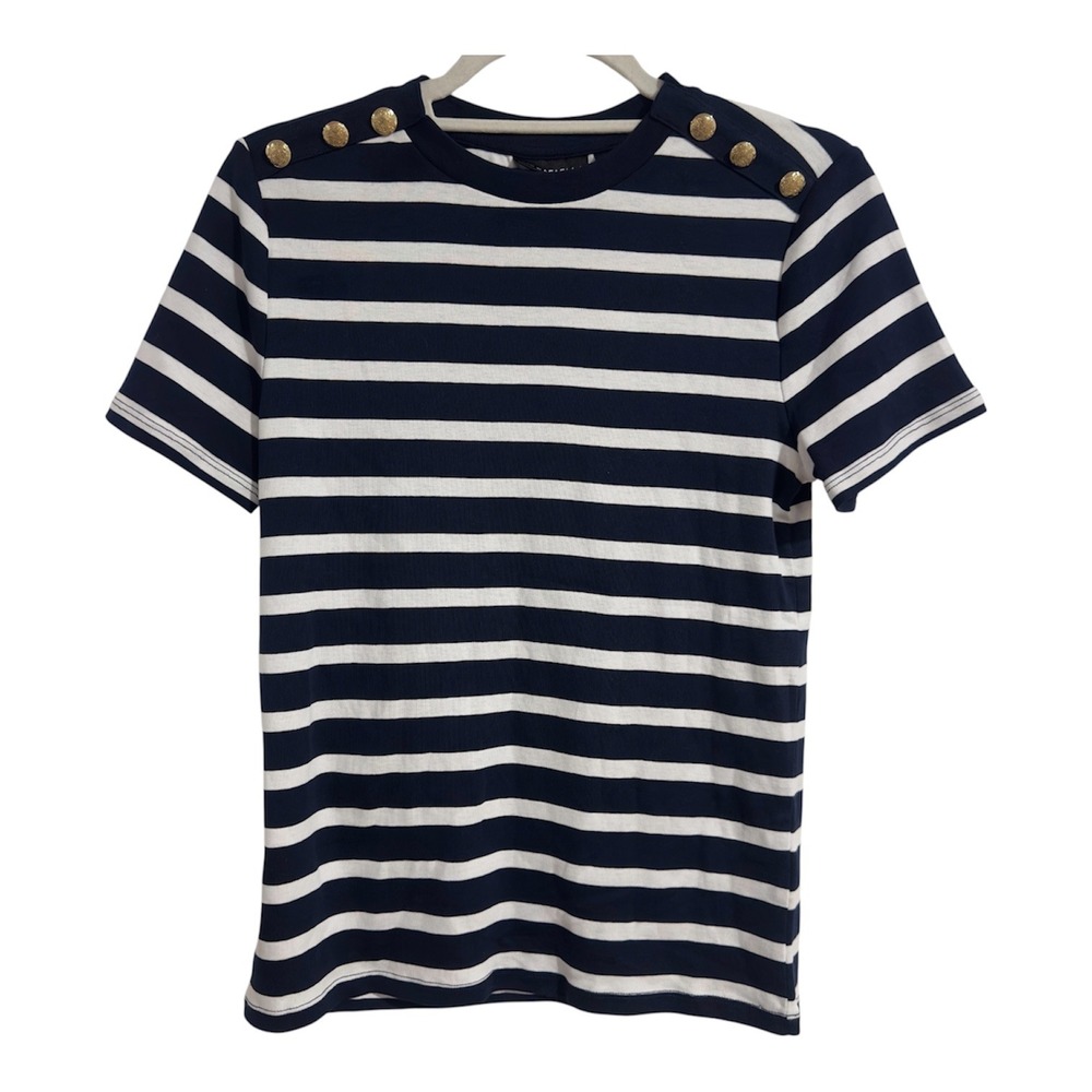 Rafaella Womens Navy White Striped Short Sleeve Nautical Top Gold Buttons XS NEW
